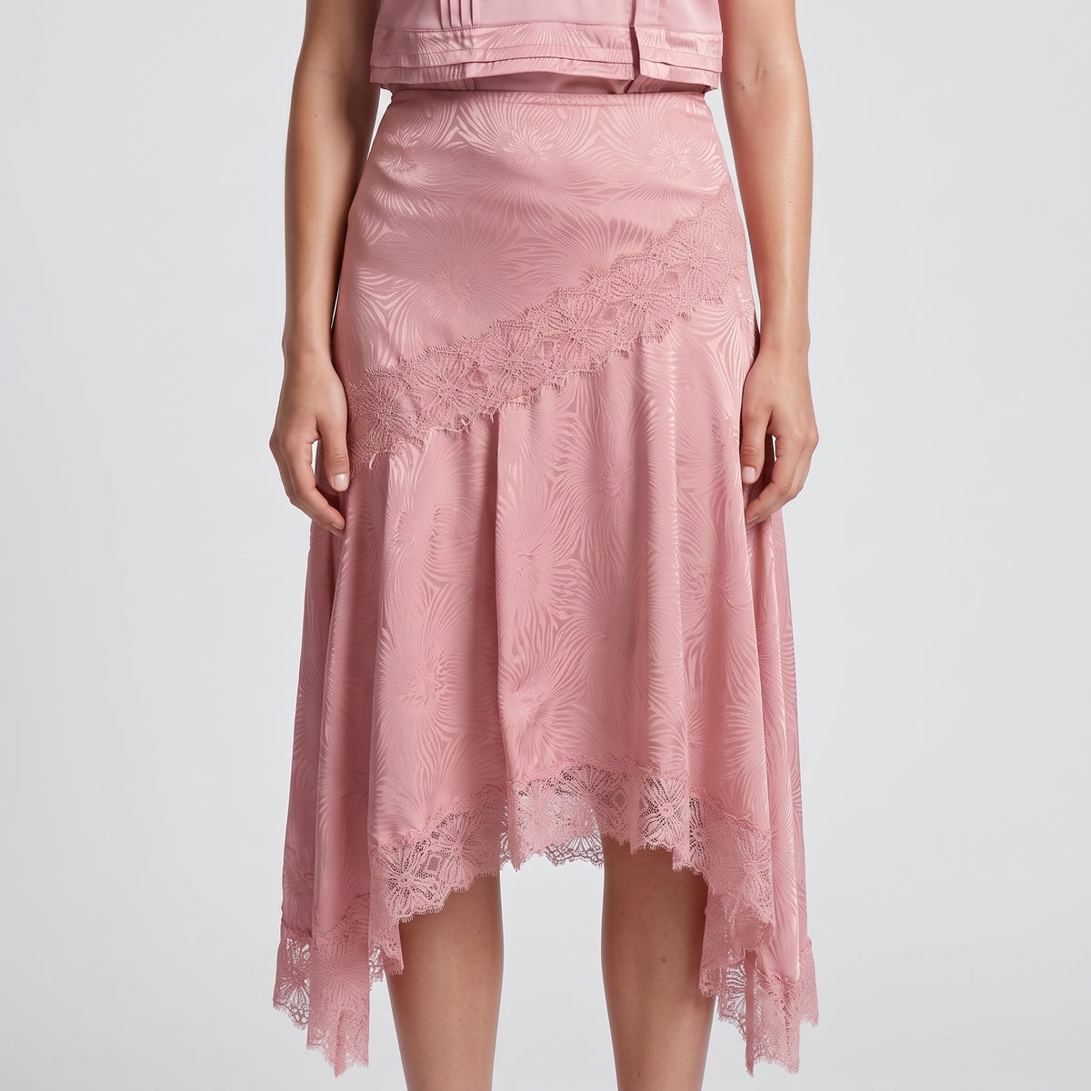 Lace-Trimmed Pink Satin Skirt