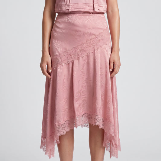 Lace-Trimmed Pink Satin Skirt