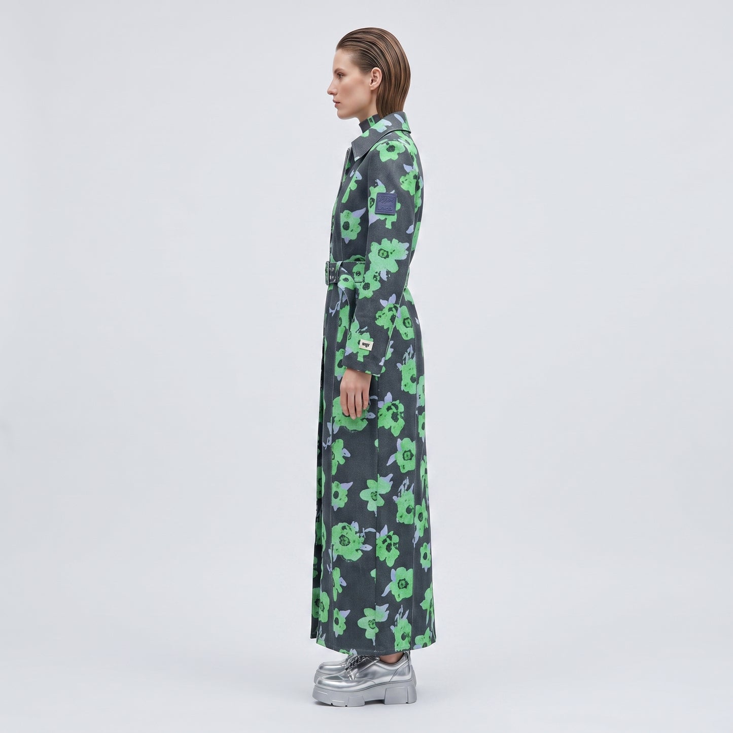 Floral Print Belted Denim Coat