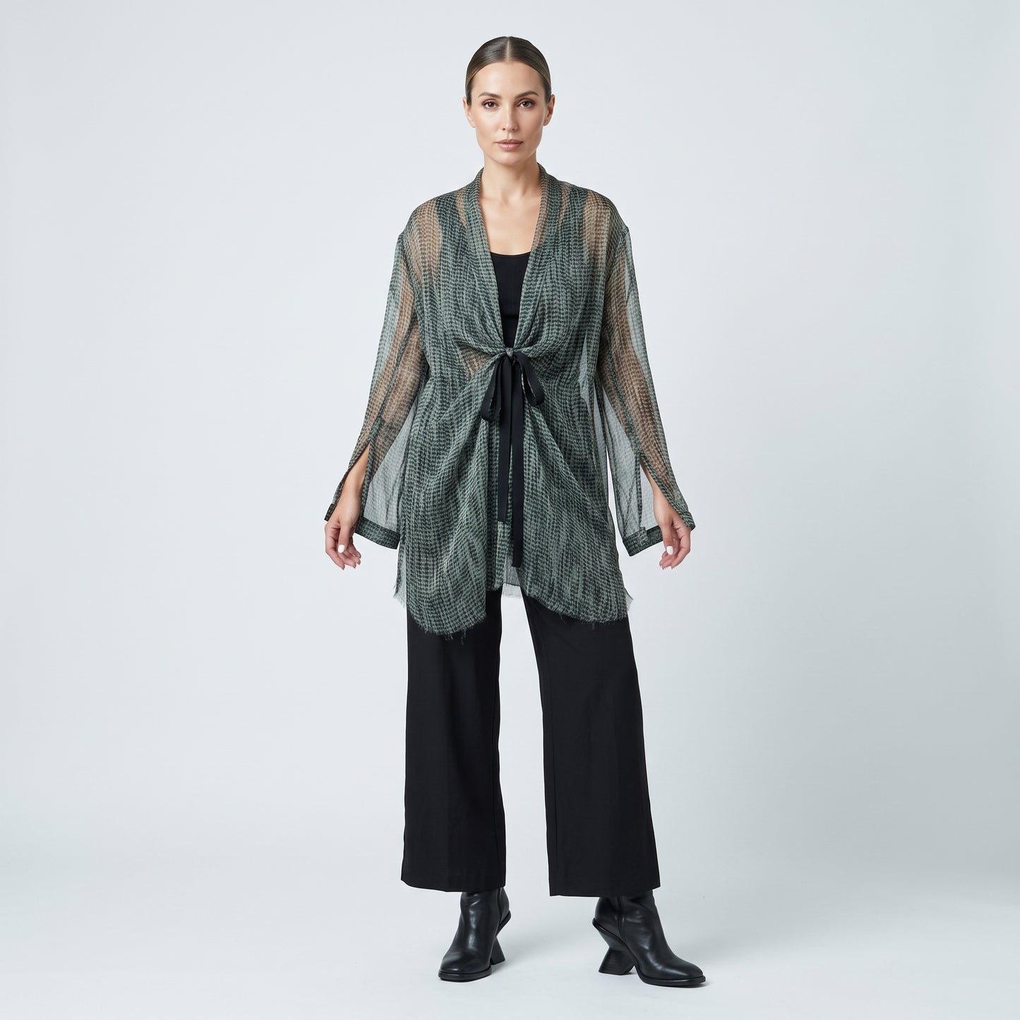 Sheer Printed Tie-Front Top
