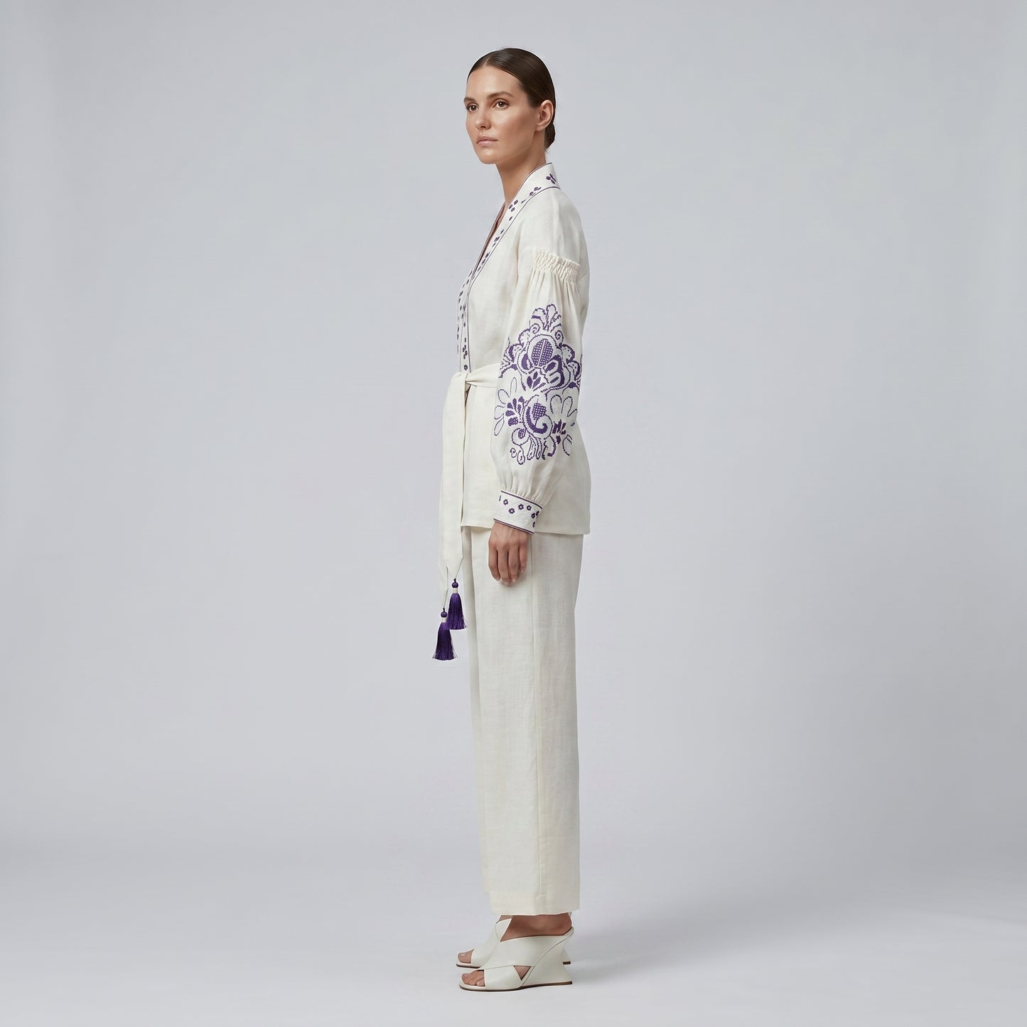 Embroidered Linen Wrap Top