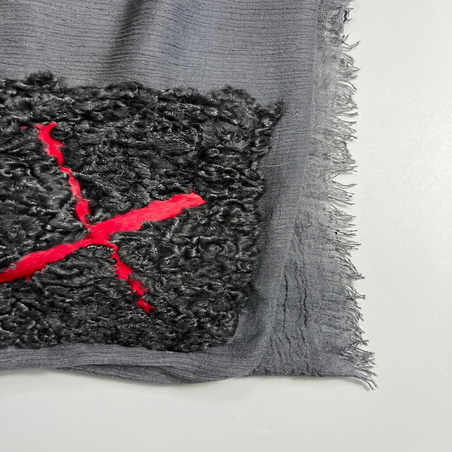 Embroidered Grey Raw Edge Scarf
