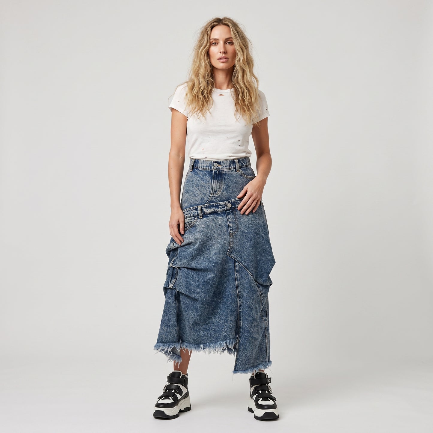 Layered Acid Wash Denim Skirt