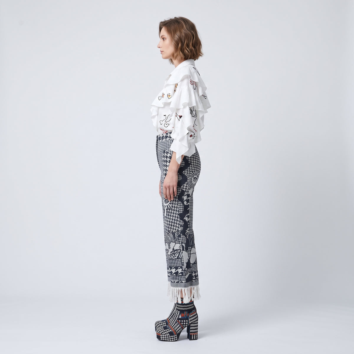 Graphic Patterned Fringed Trousers