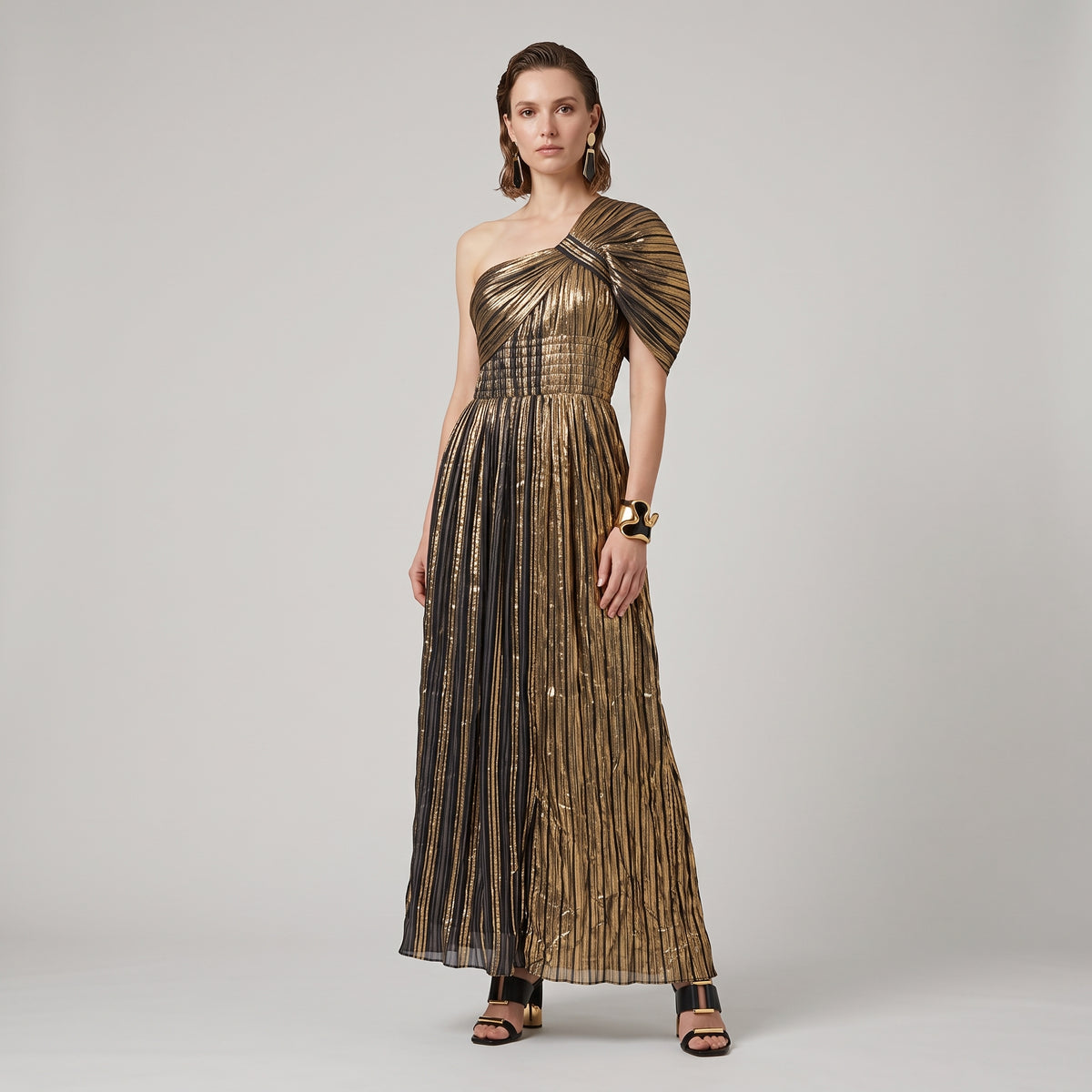 Metallic Pleated One-Shoulder Dress