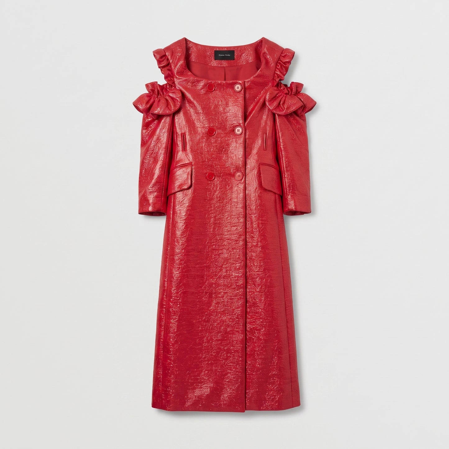 Red Ruffled Shoulder Trench Coat