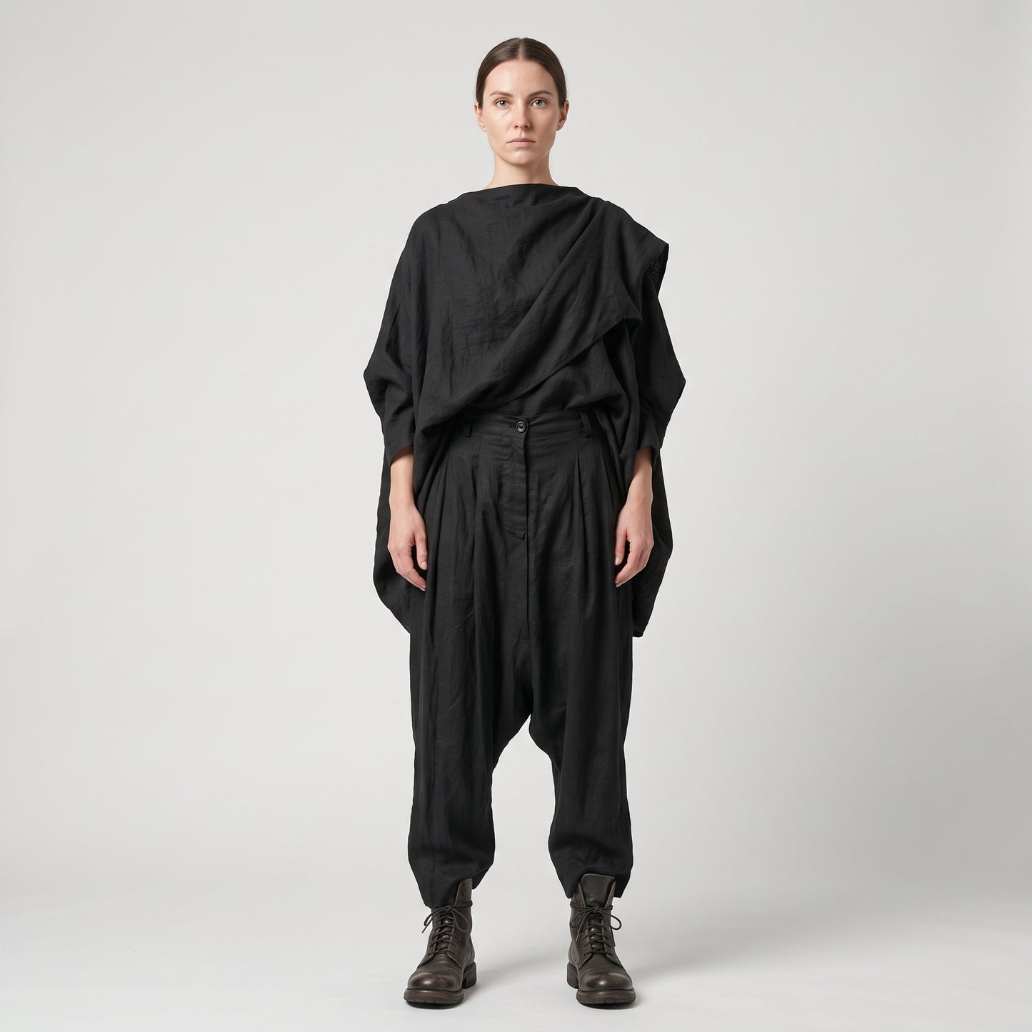 Pleated Cropped Drop-Crotch Trousers