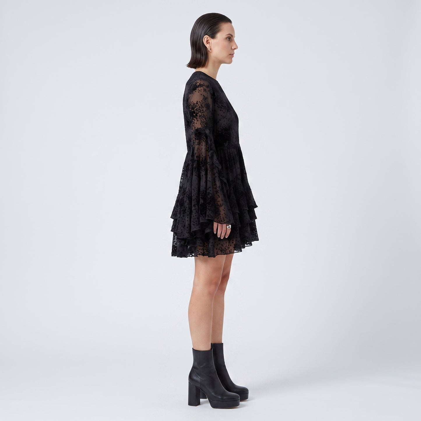 Black Sheer Tiered Mini Dress