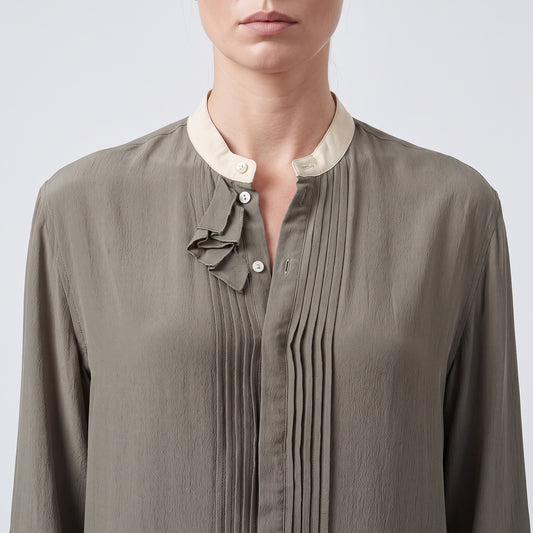 Pleated Detail Mandarin Collar Shirt