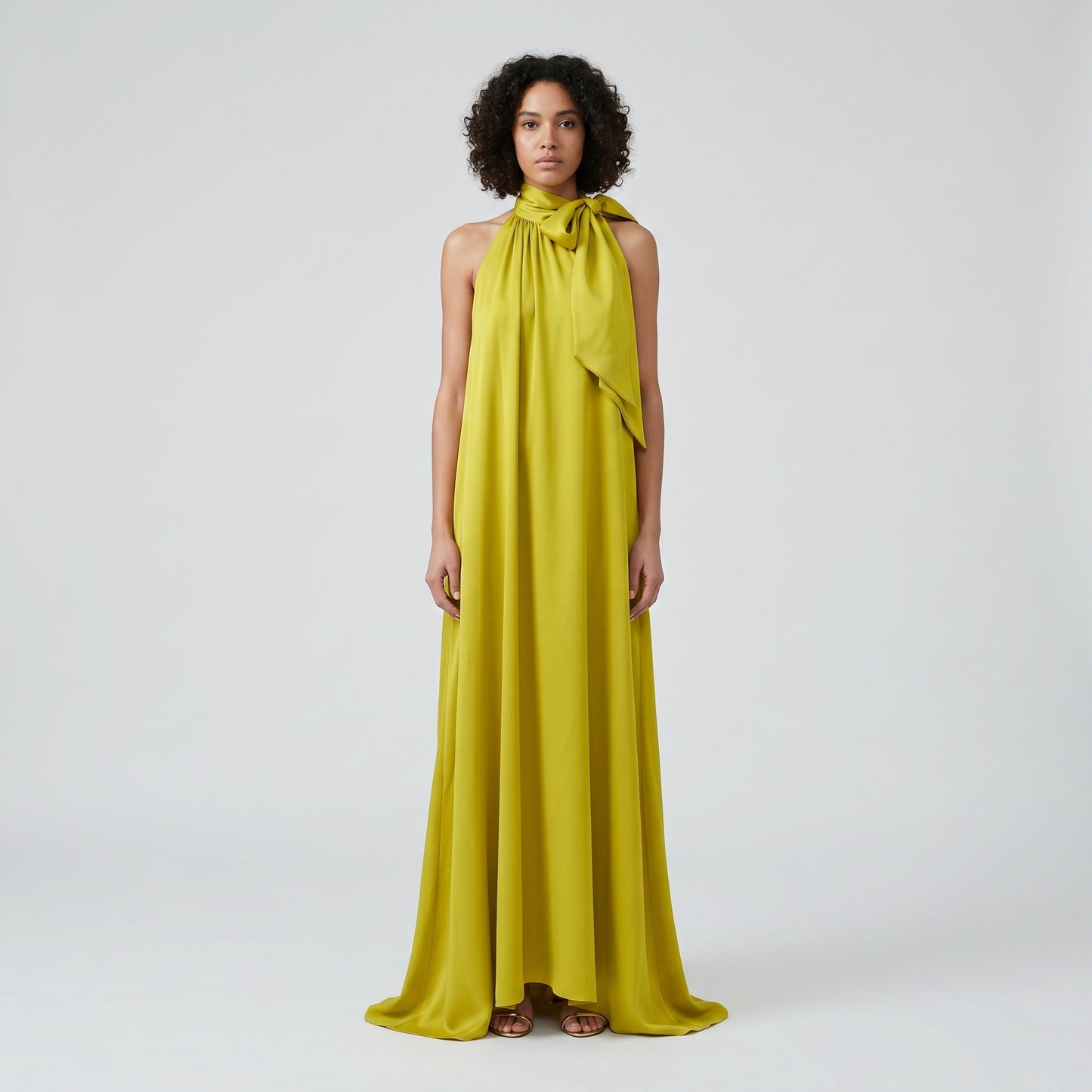 Chartreuse Silk Bow Neck Dress