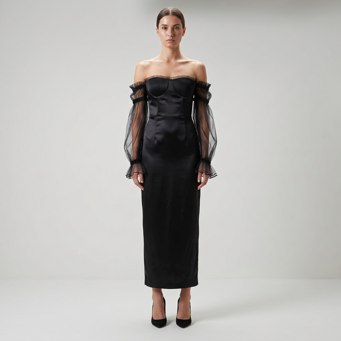 Off-Shoulder Tulle Sleeve Dress