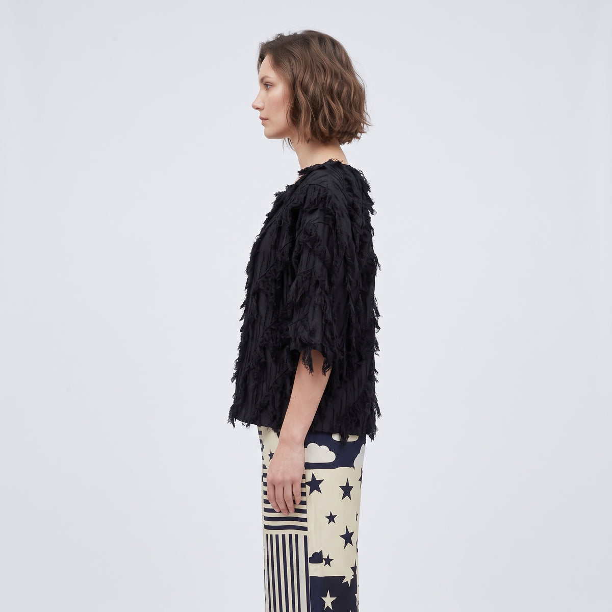 Fringed Textured Black Top