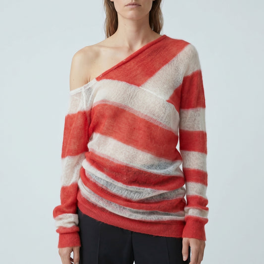 Asymmetric Striped Fine Knit Top