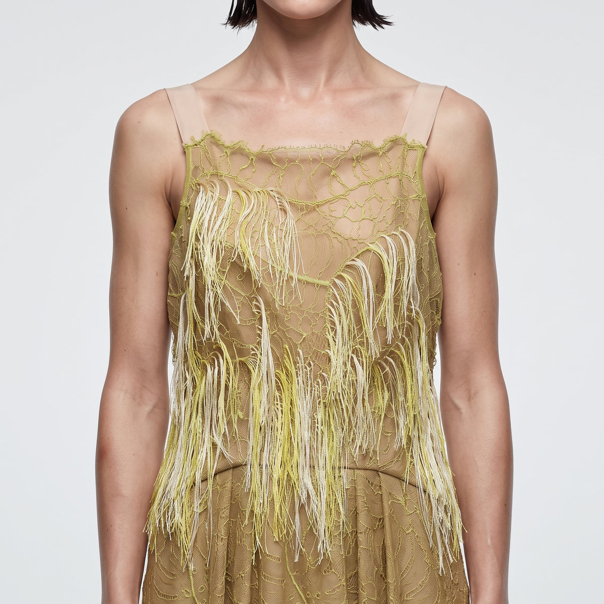 Embellished Fringed Lace Midi Dress
