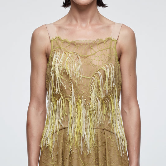 Embellished Fringed Lace Midi Dress