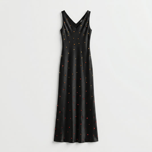 Embellished Black Satin Maxi Dress