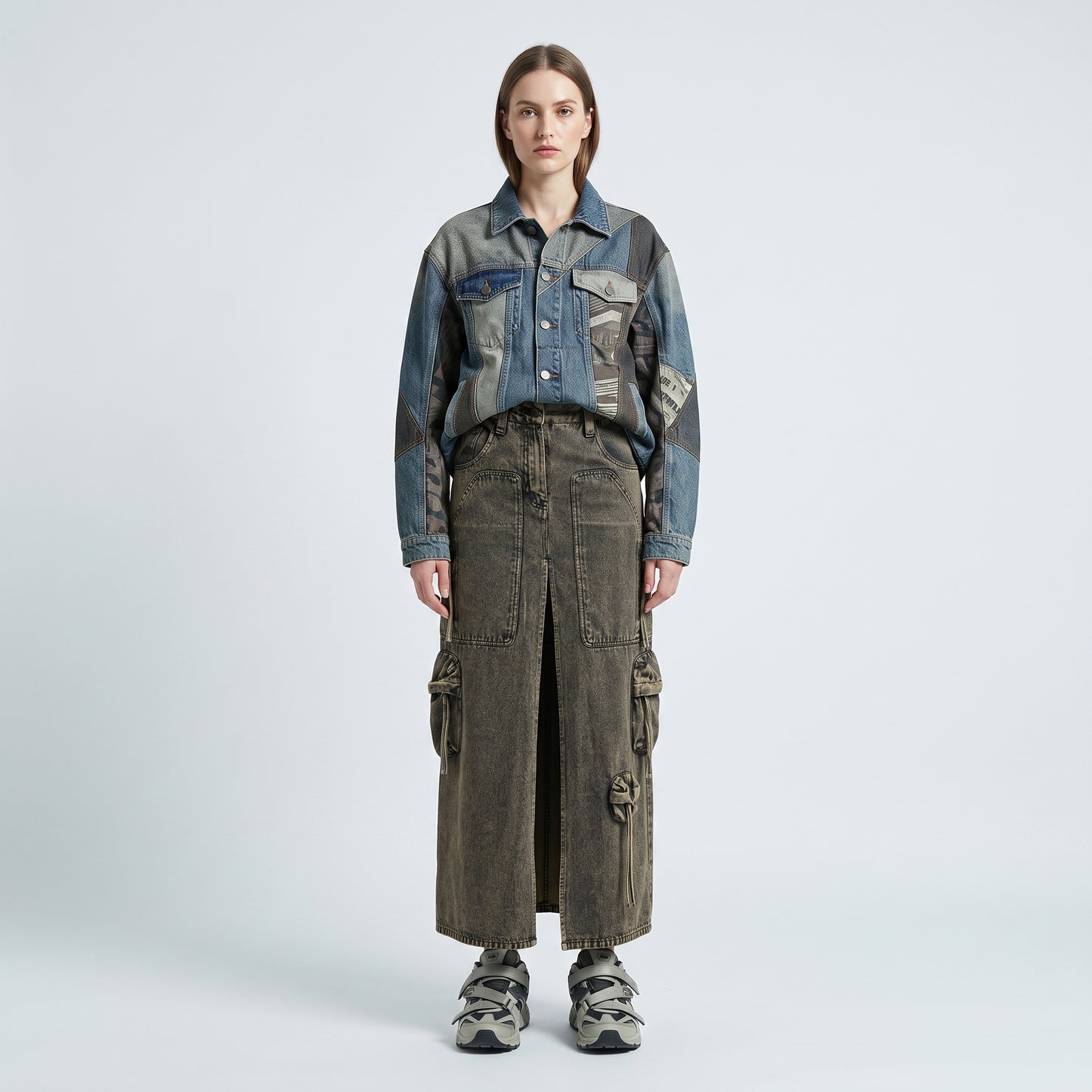 Acid Wash Denim Cargo Skirt