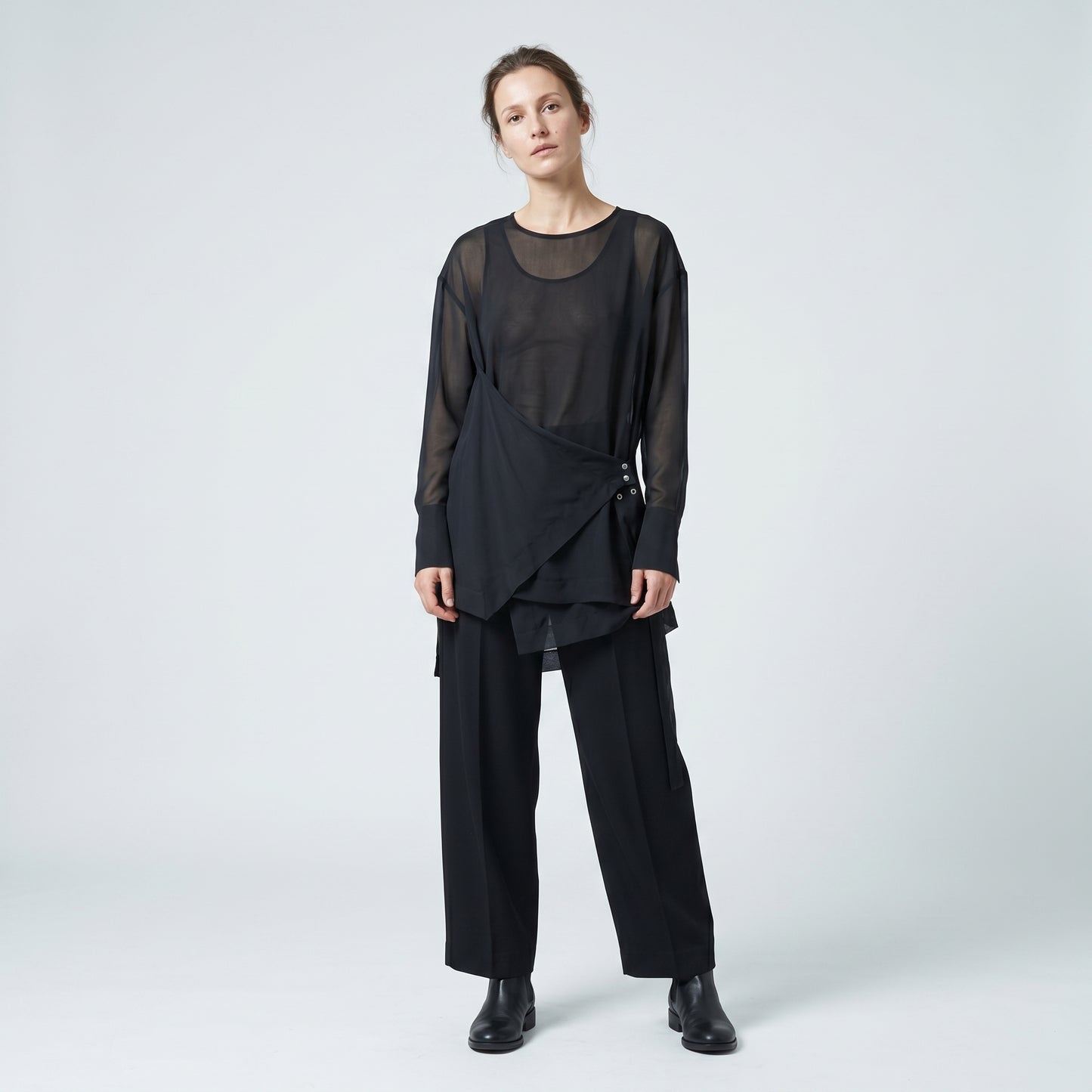Sheer Asymmetric Draped Wrap Top