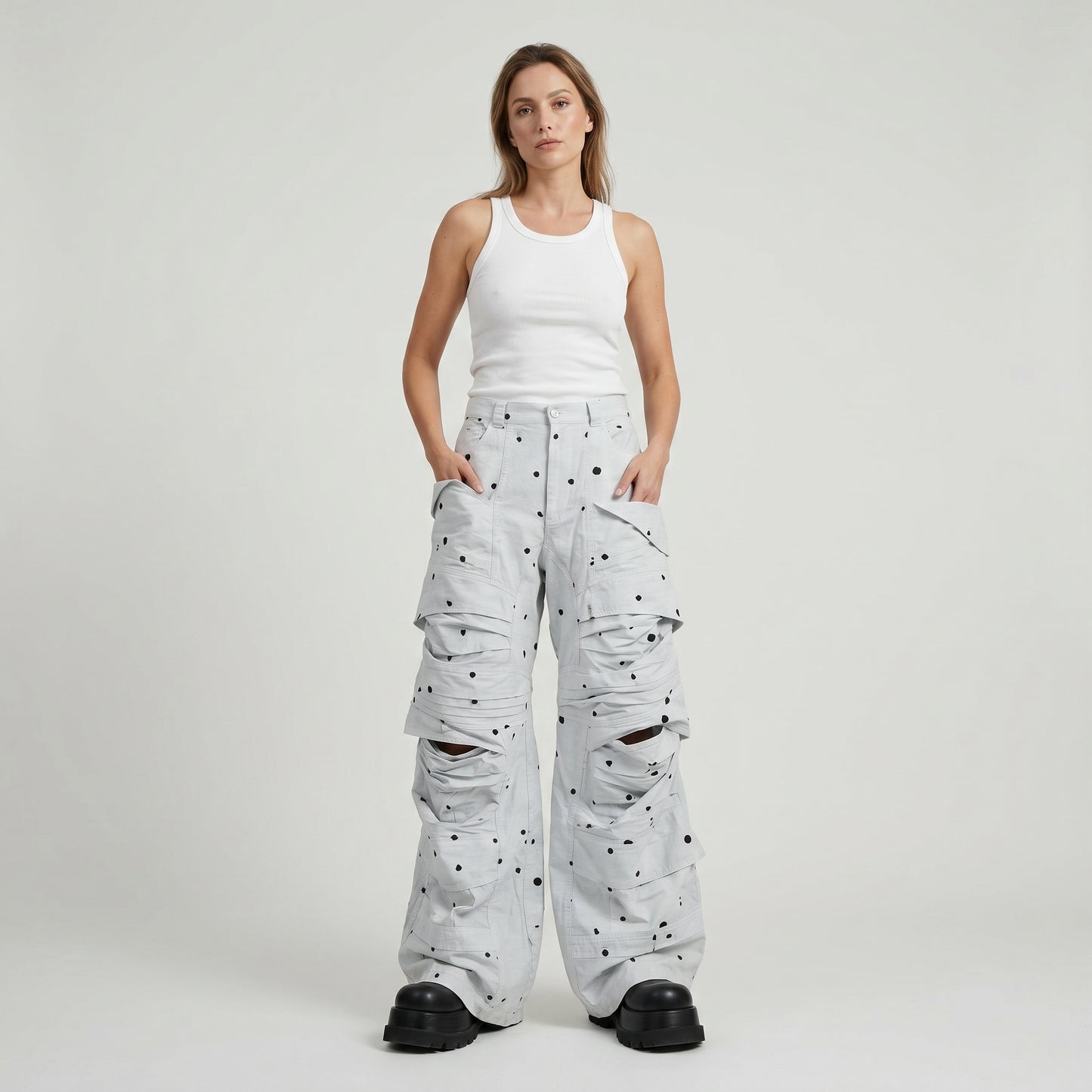 Splatter Print Wide Cargo Trousers