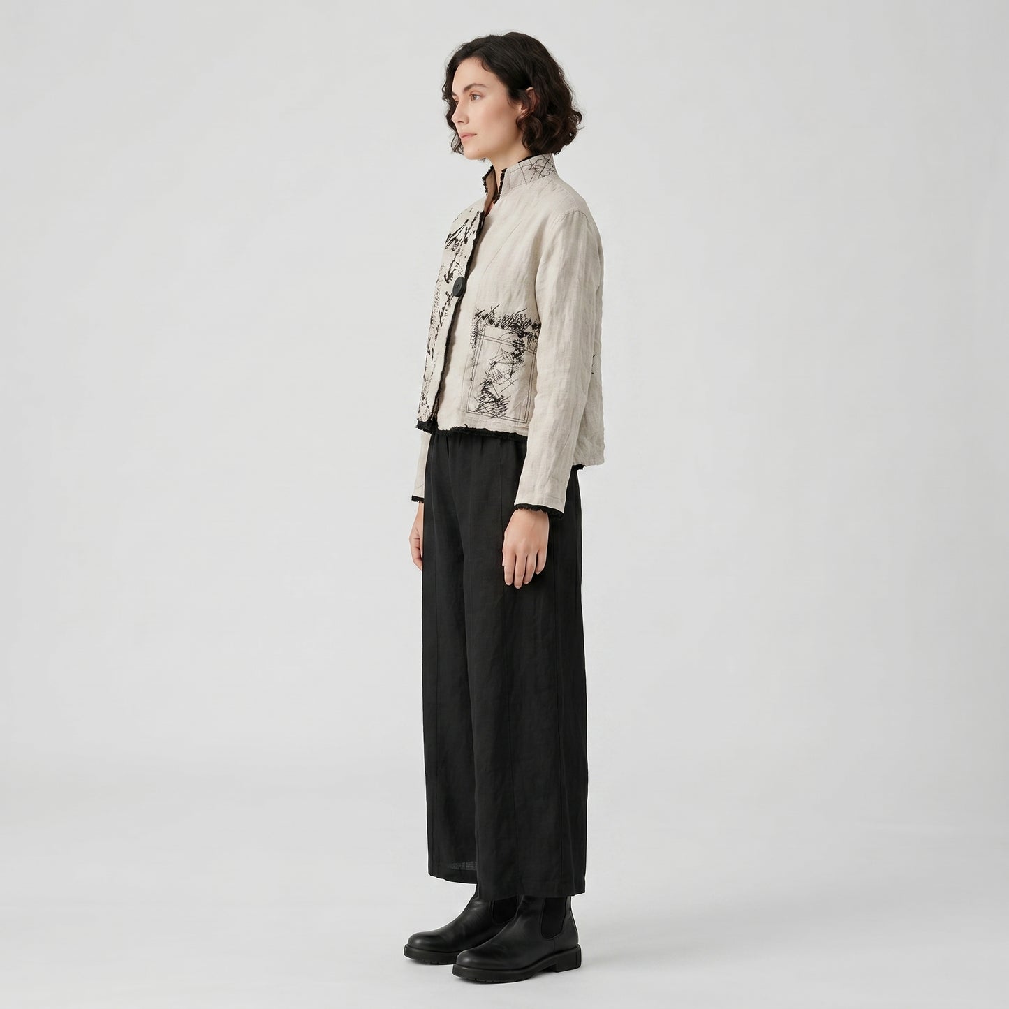 Abstract Print Linen Cropped Jacket