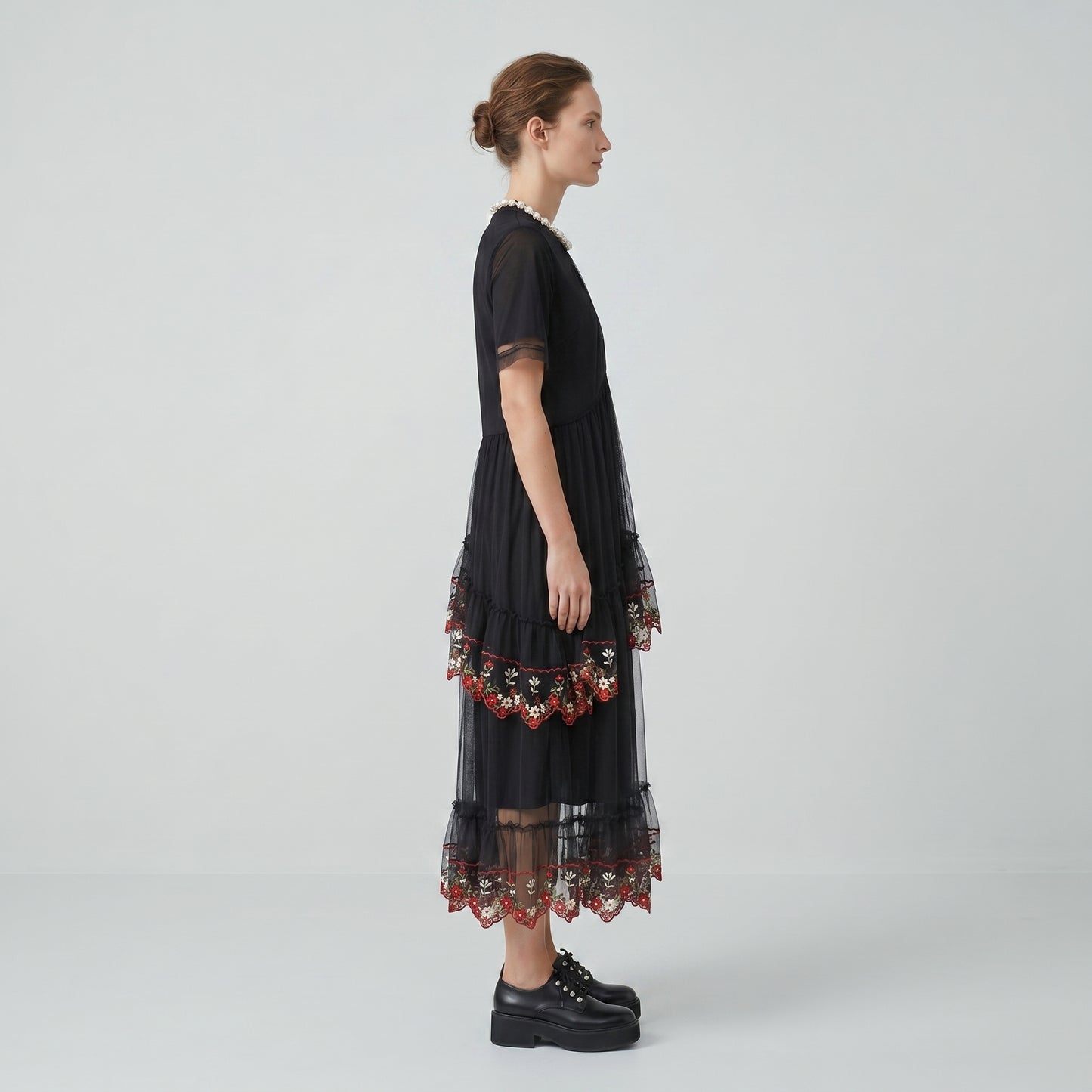 Embroidered Tulle Pearl Neck Dress