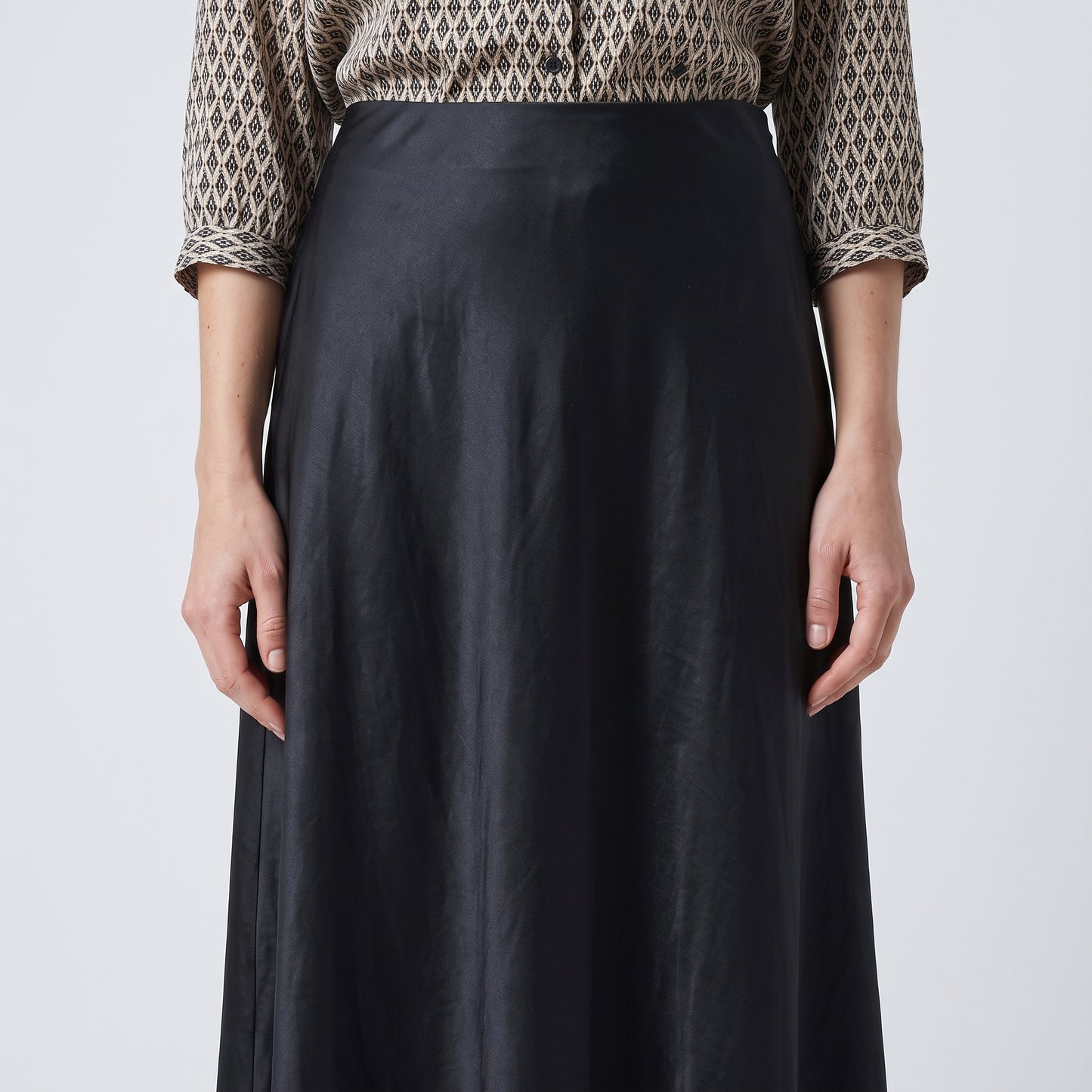 Sleek Black Satin Midi Skirt
