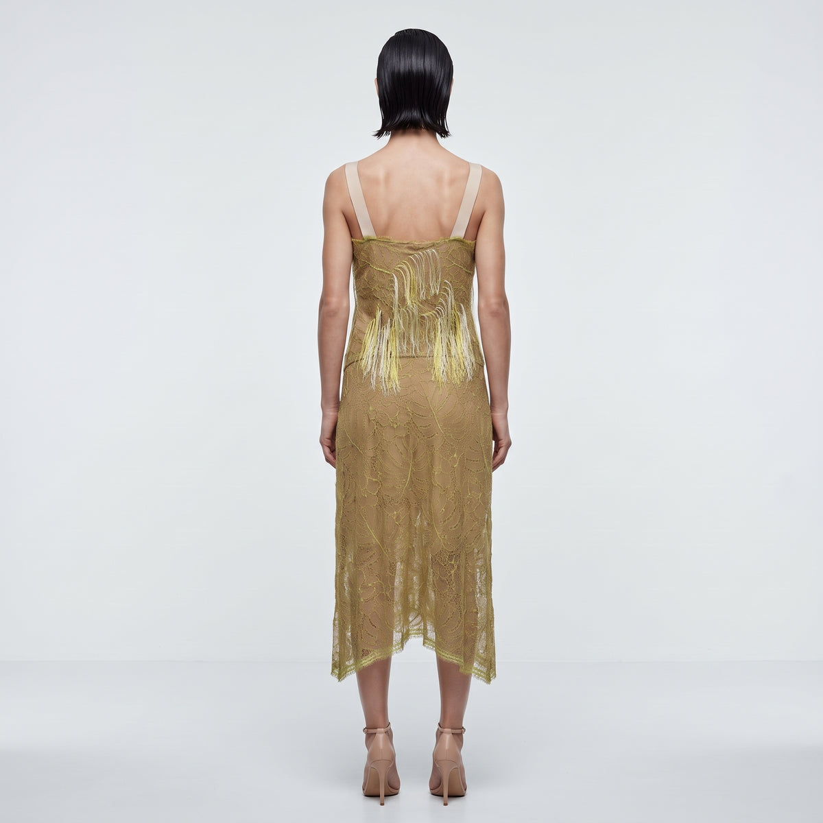 Embellished Fringed Lace Midi Dress