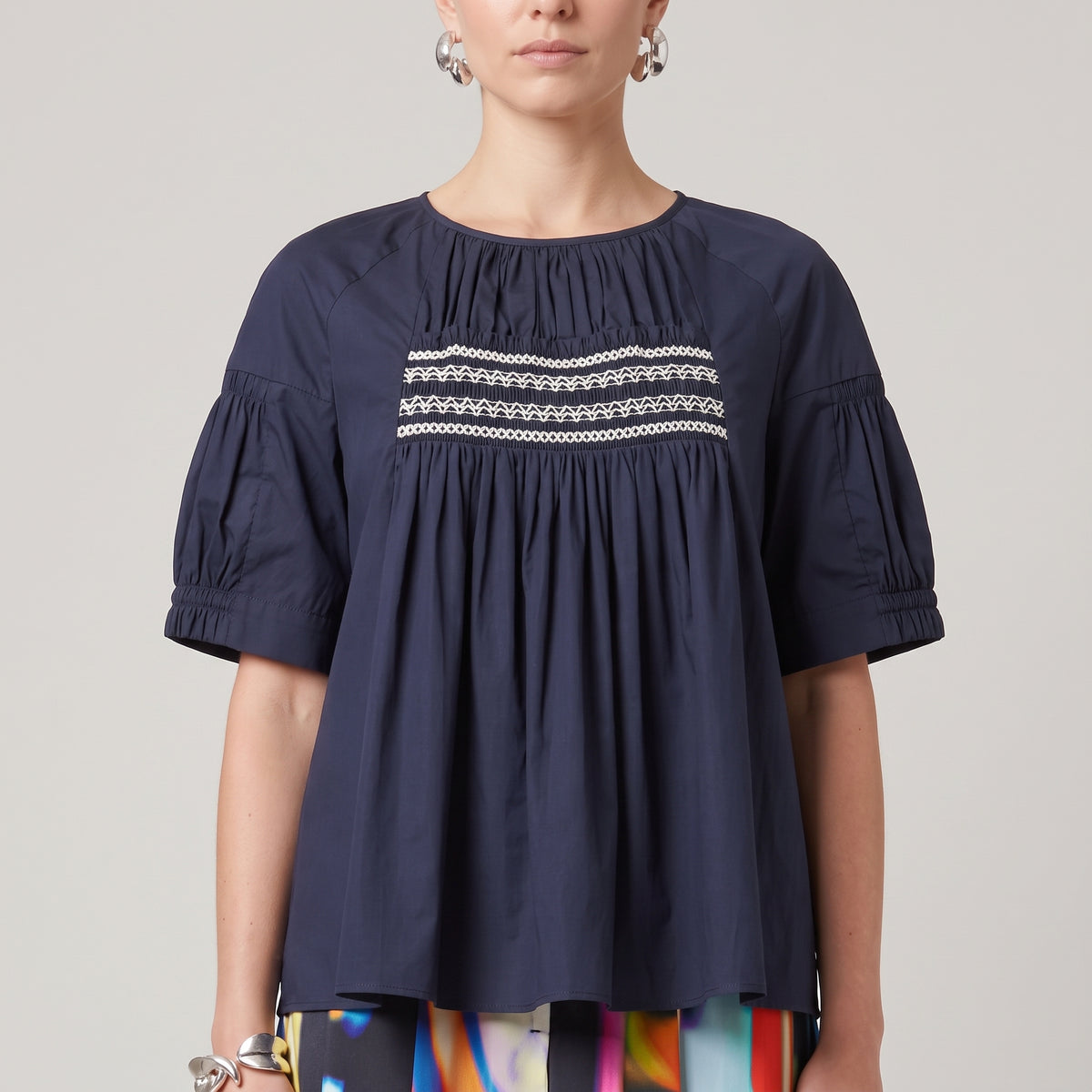 Embroidered Smocked Navy Blouse