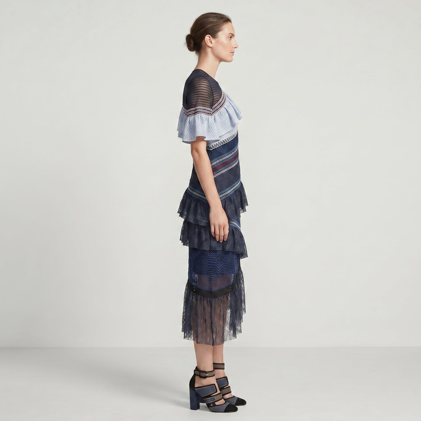 Asymmetric Ruffled Lace Midi Dress