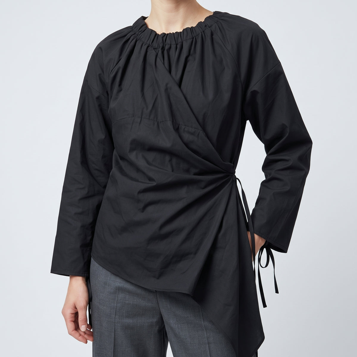 Gathered Black Asymmetric Cotton Blouse