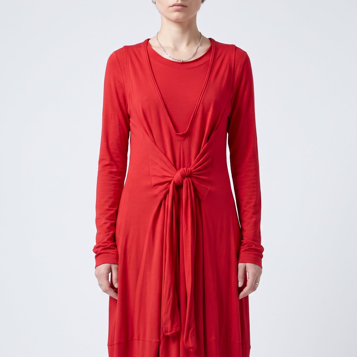 Red Tie-Front Long Sleeve Dress
