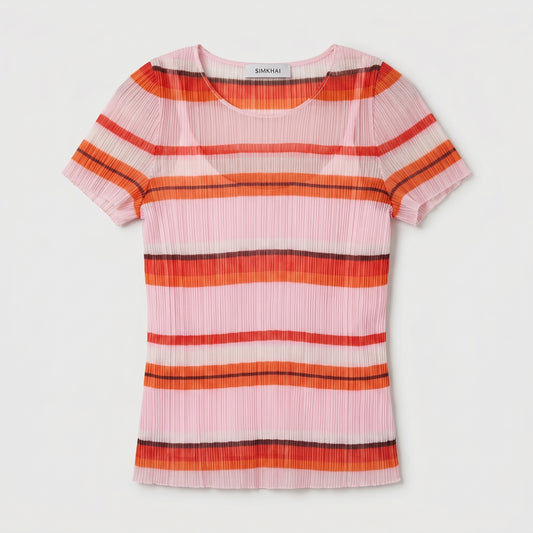 Striped Pleated Short-Sleeve Top