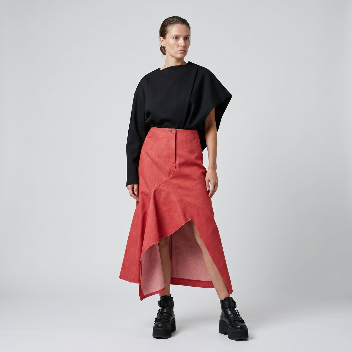 Asymmetric Red Denim Midi Skirt