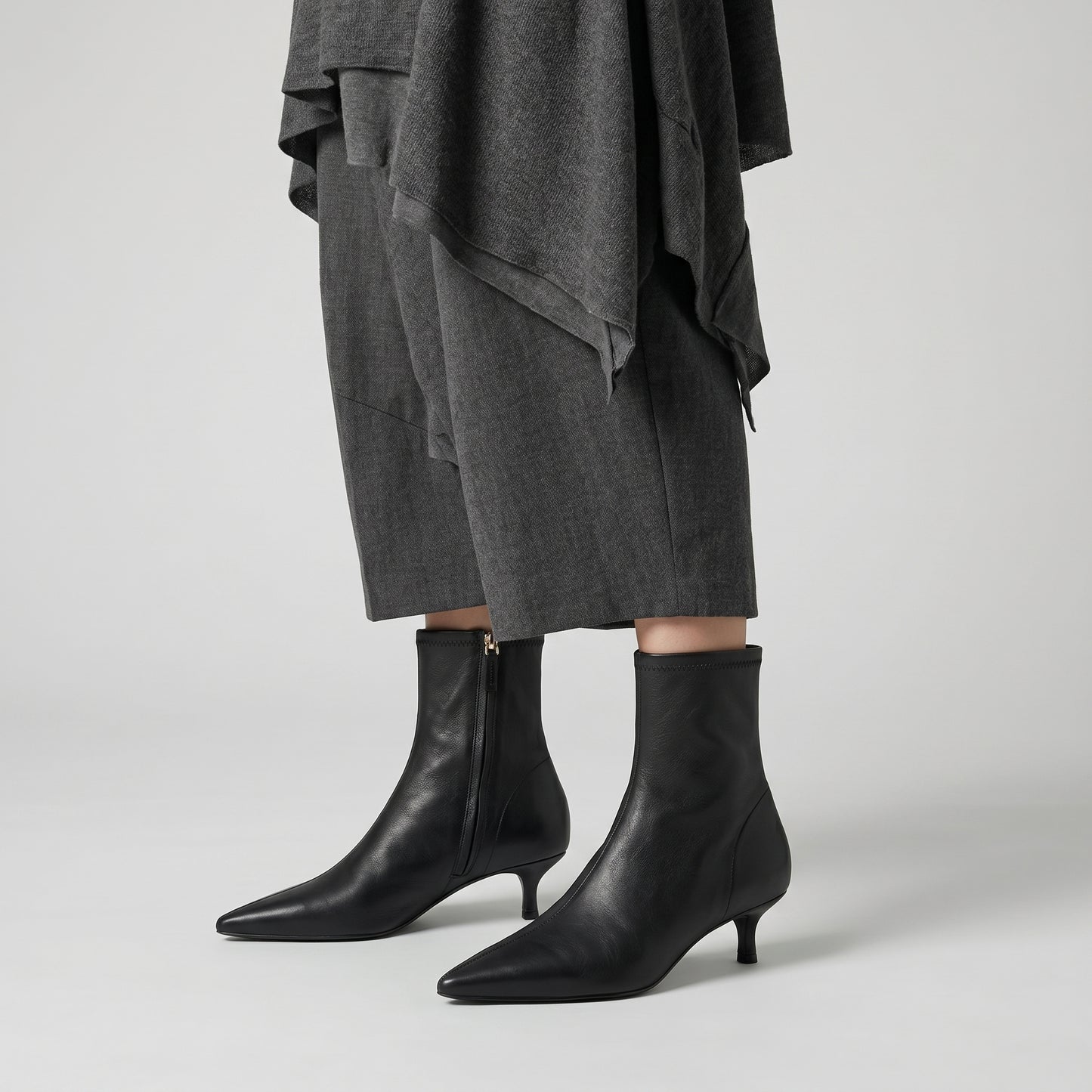 Black Leather Kitten Heel Booties