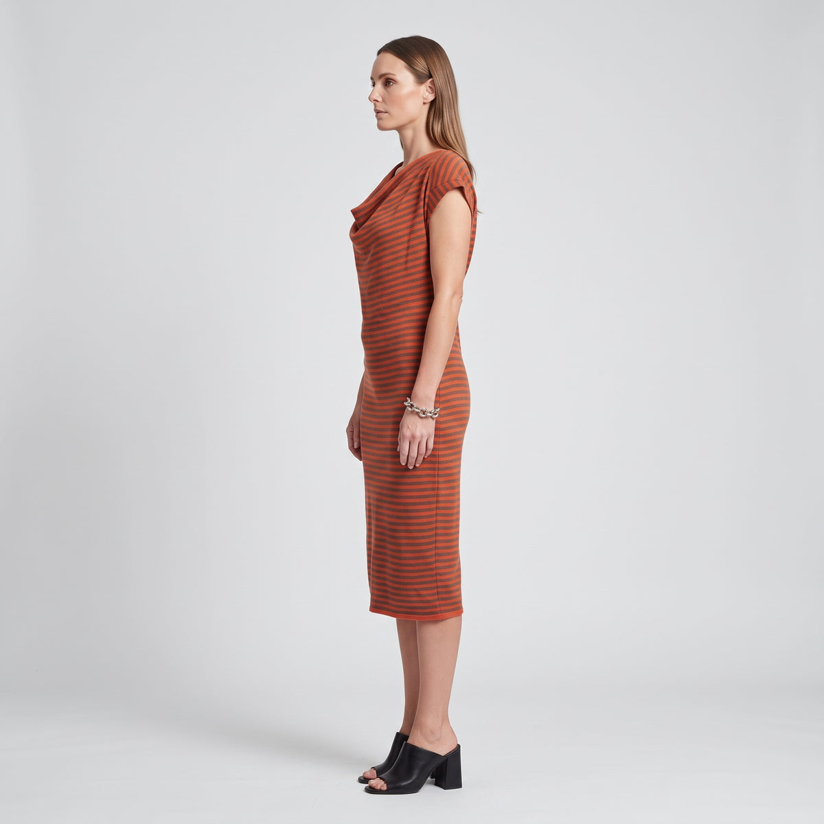 Striped Cowl Neck Jersey Dress