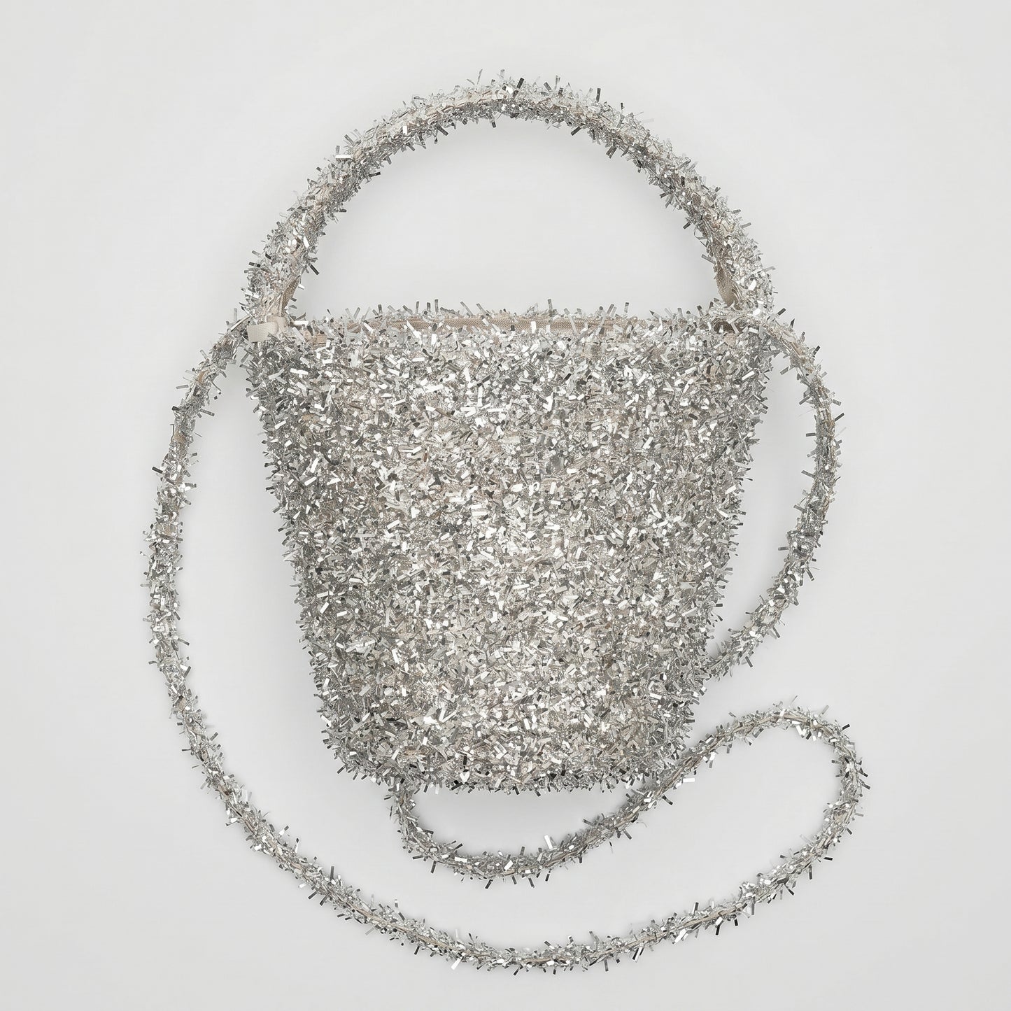 Shimmering Metallic Fringe Bucket Bag