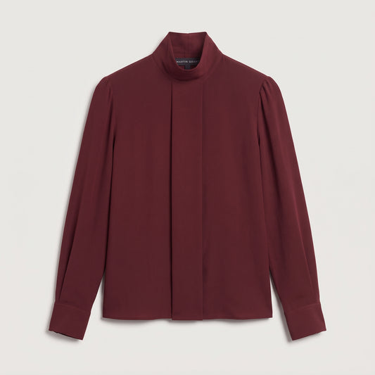 Burgundy High-Neck Pleated Blouse