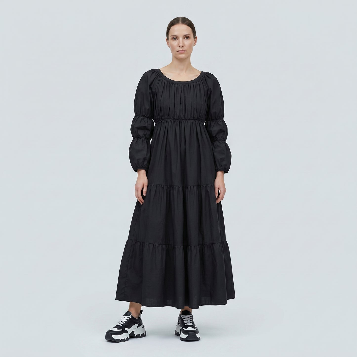 Ruched Tiered Cotton Midi Dress