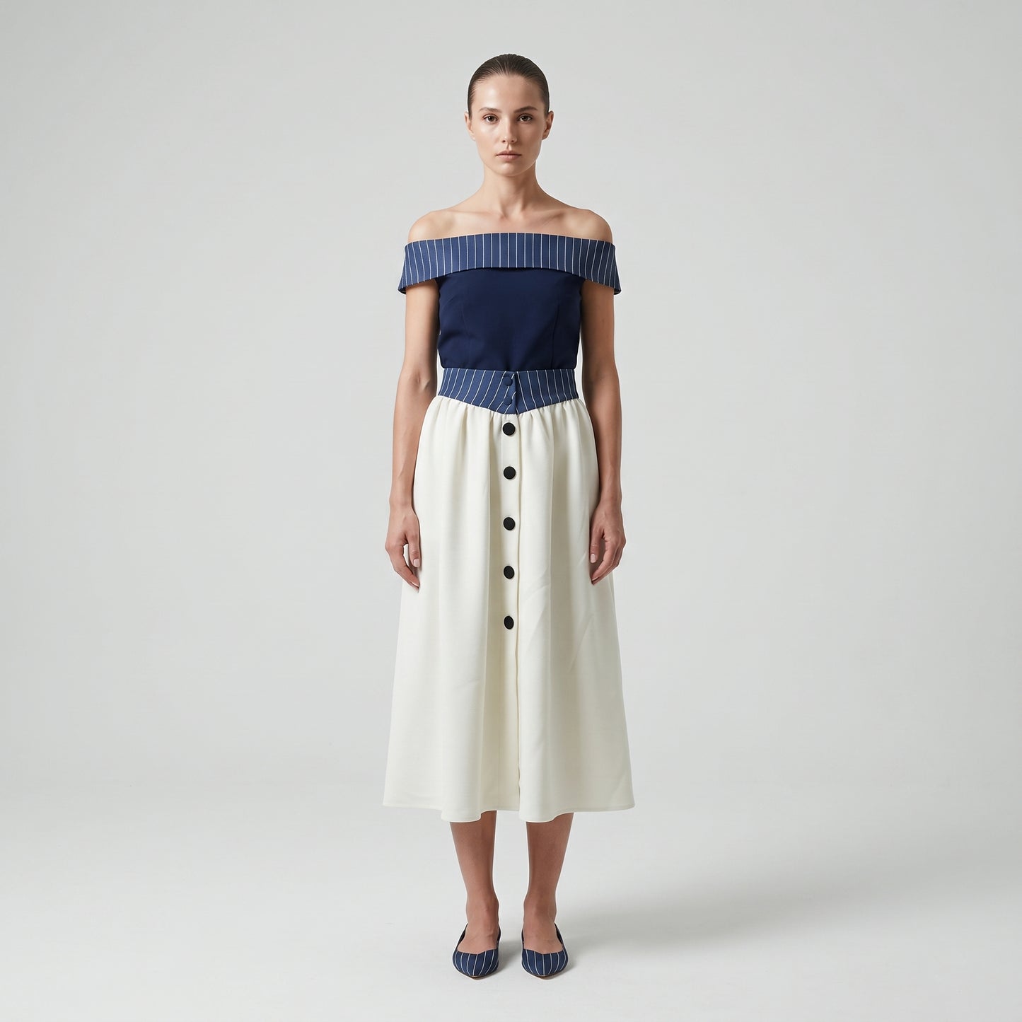Striped Waist Buttoned Midi Skirt