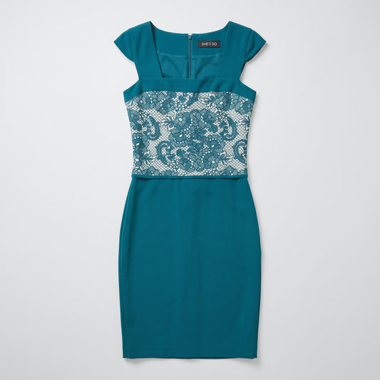 Elegant Teal Lace Panel Dress
