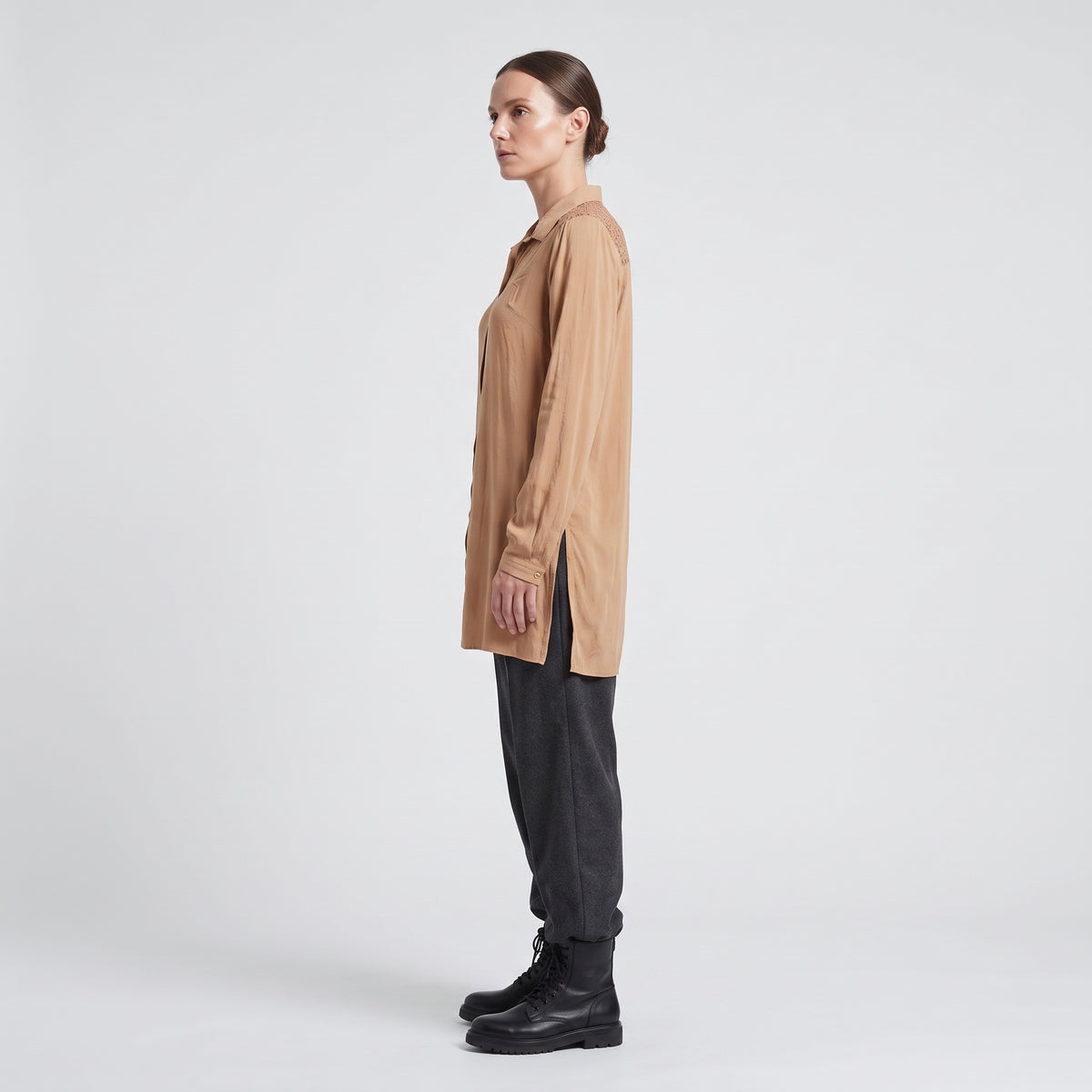 Lace Detail Camel Long Shirt