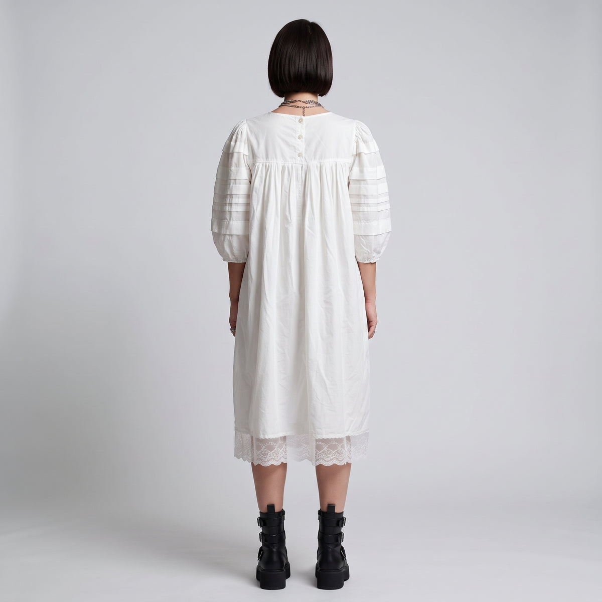 Pleated Sleeve Lace Hem Dress