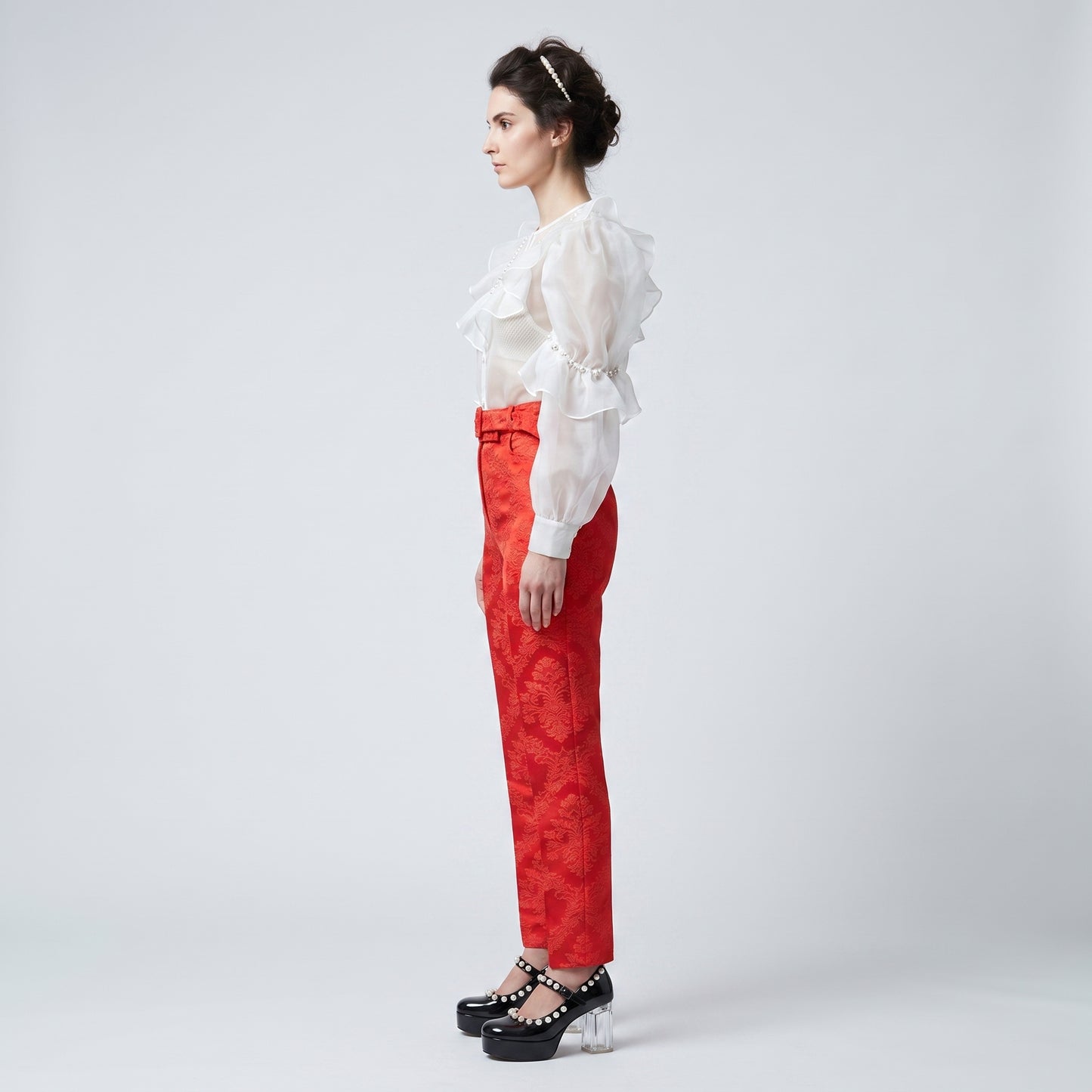Red Jacquard Tailored Trousers