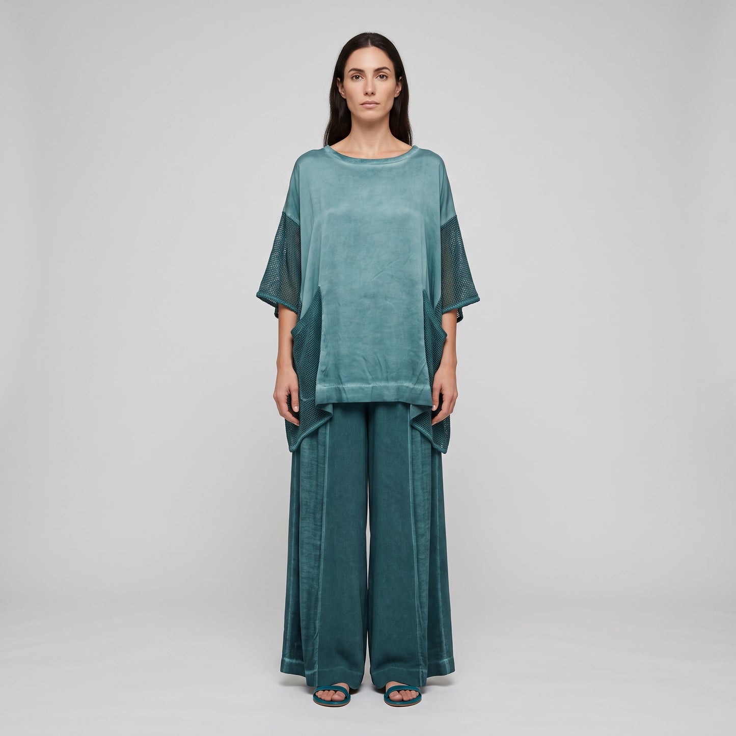 Mesh Paneled Oversized Teal Tee