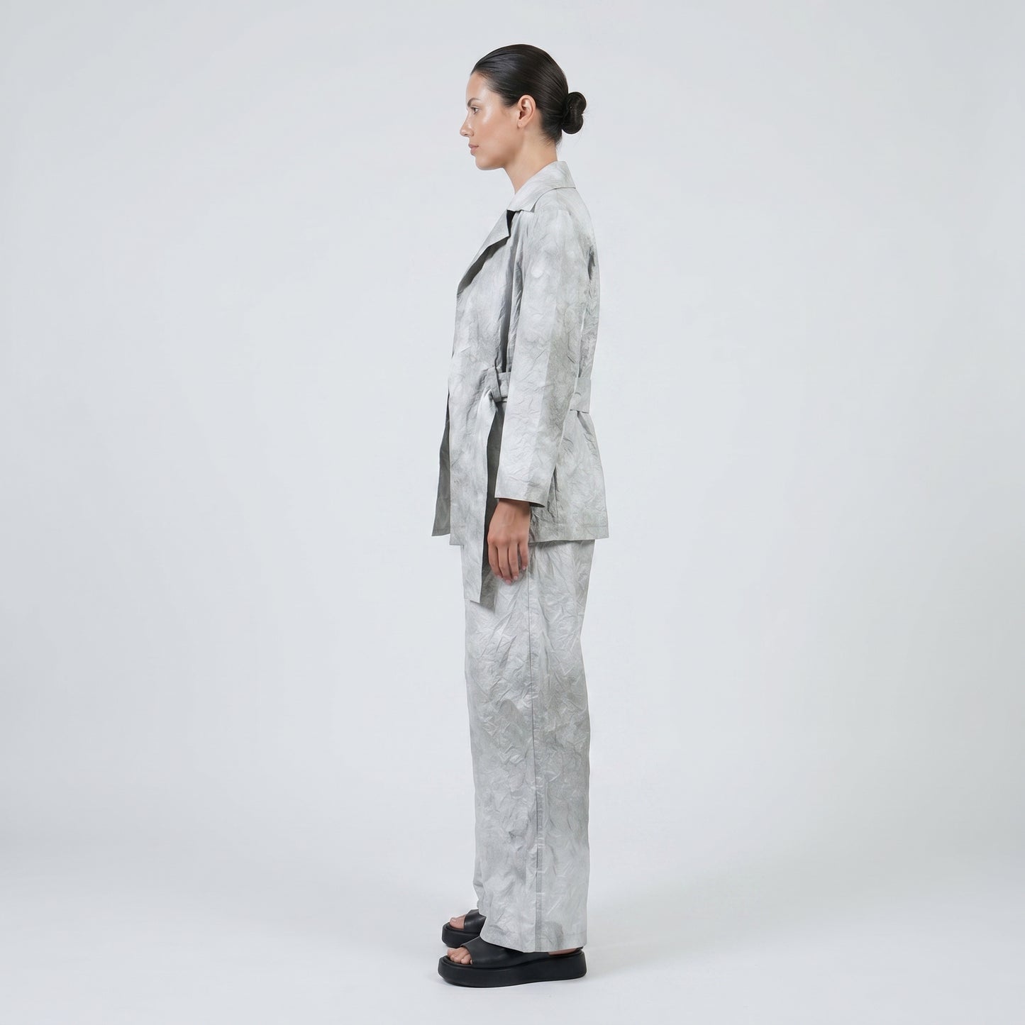 Grey Textured Wide-Leg Trousers