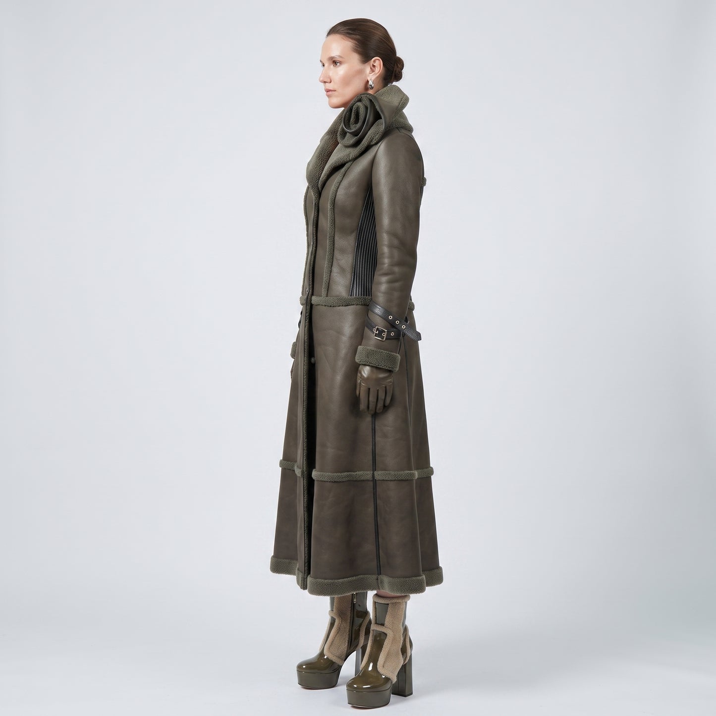 Shearling Paneled Floral Detail Coat