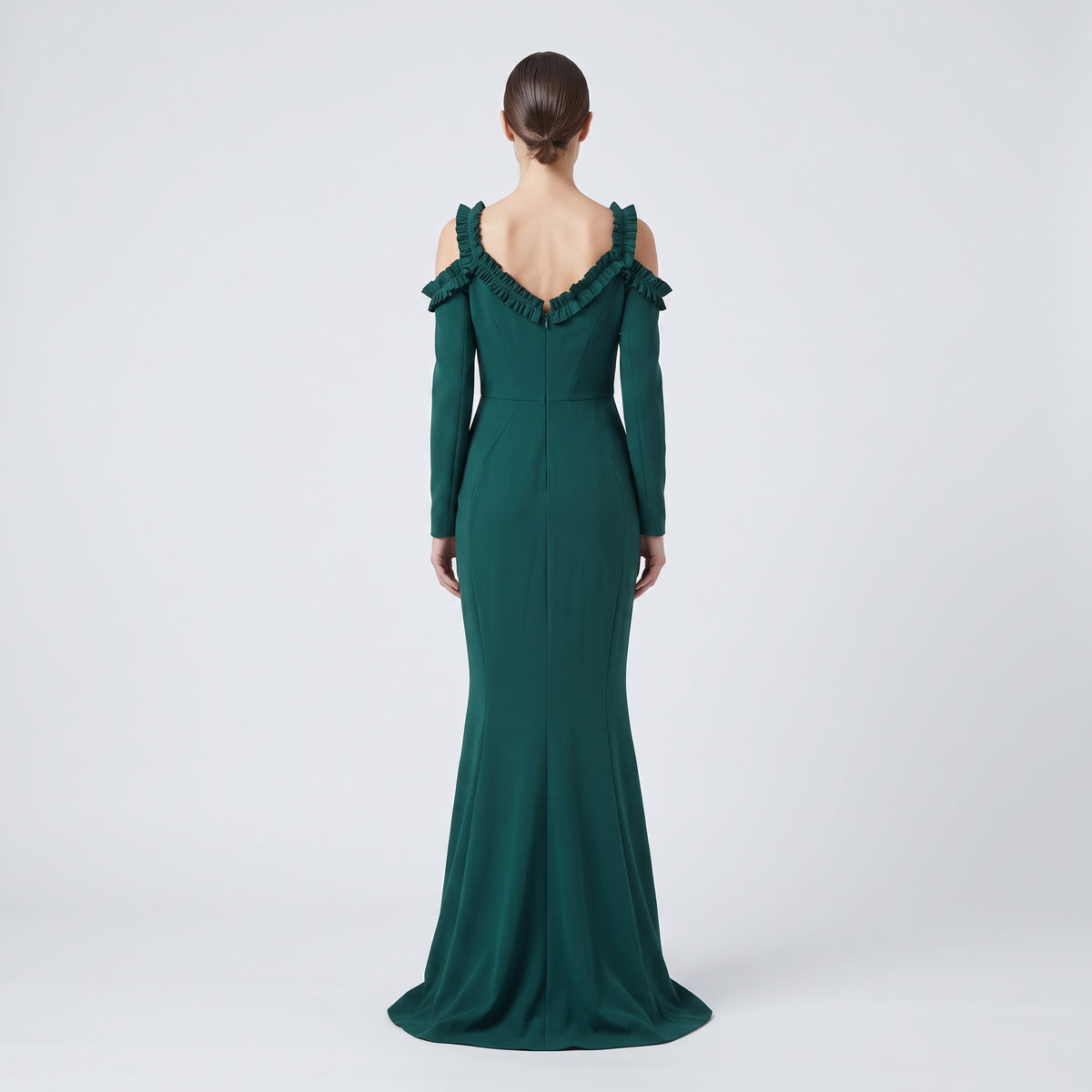 Emerald Ruffle Cold-Shoulder Gown