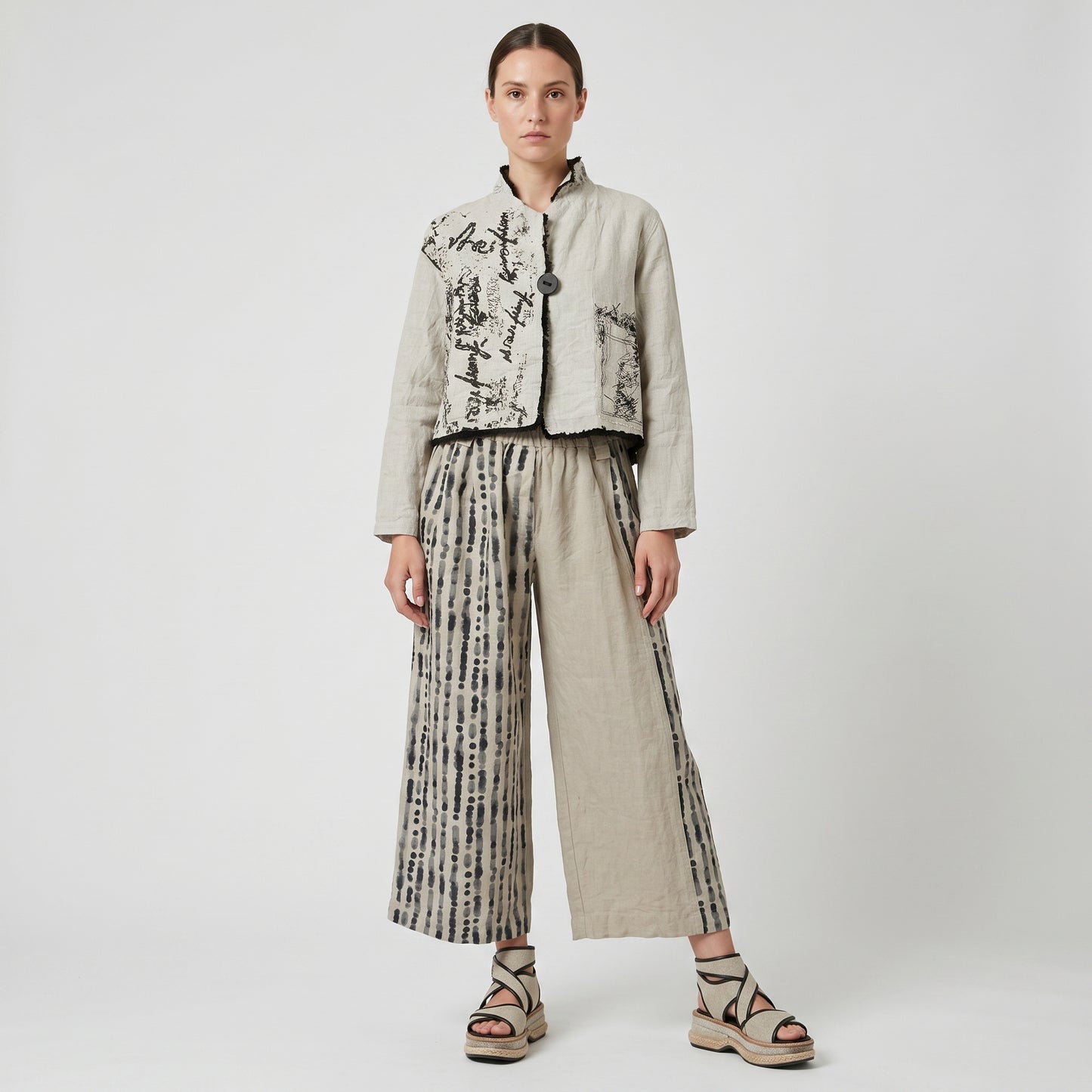 Printed Wide Leg Linen Trousers