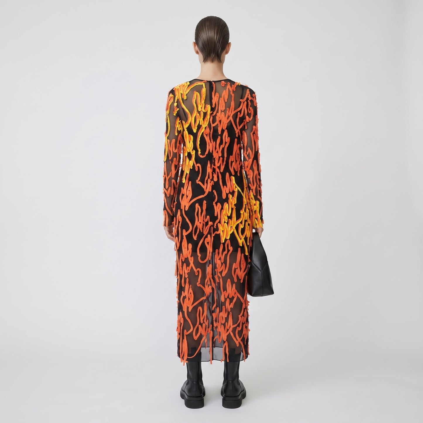 Flame Print Mesh Midi Dress