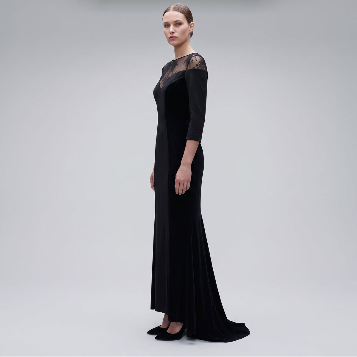 Lace Paneled Velvet Evening Gown
